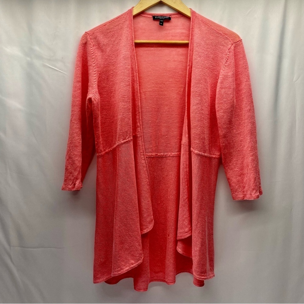 Eileen Fisher Pink Cardigan Sweater Lightweight Open Front LINEN LG P 3/4 Sl.